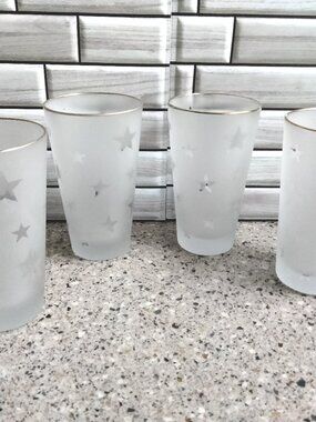 New Set of 4 Stars Pattern Gold Rim Frosted Glasses (A)